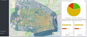 Analysis section, which allows the user to view on the map the level of infrastructure damage for the available time instants according to the technology (the Mariupol area is shown in the figure and the selected technology is VHR), on the right-hand side there is a summary information returned through the graphs of the three analysed parameters (level of damage, population affected and economic damage).