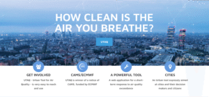 Homepage of the UTAQ - Urban Tool for Air Quality project site. In the foreground is the caption ‘How clean is the air you breathe?’. Below the title, four icons summarise the main aspects of the project: ease of use (Get Involved), the support of the CAMS/ECMWF programme, the power of the forecasting tool, and the focus at the urban scale as the main target. 