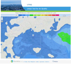 Interactive visualisation of air quality through the UTAQ application, with a macro-regional scale map (northern Italy) and predicted PM10 concentrations (µg/m³), based on CAMS - Copernicus Atmosphere Monitoring Service data. The colour scale at the top highlights concentration levels from <2 (deep blue) to >200 (red), with the Milan area highlighted by a white box. The area shows concentrations predominantly between 10 and 40 µg/m³. The map is navigable and provides short-term forecast data at high resolution.