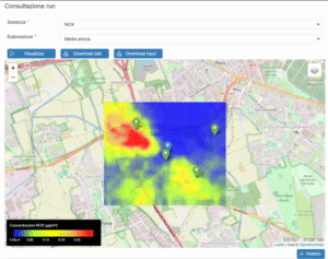 Screenshot of the air quality platform showing the map of the annual average concentration of the pollutant NOX expressed in µg/m3 in an area to the north-west of Milan, where there is a waste-to-energy plant.