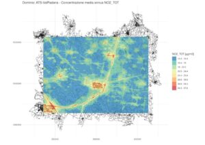 Simulazione di qualità dell'aria: concentrazione media annua di NO2 sul dominio di interesse