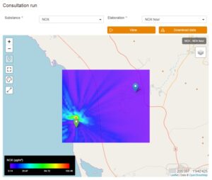 Piattaforma MARS: Valore orario massimo di NOX. Nella mappa le fonti di emissione sono rappresentate con un puntatore verde e i recettori con uno blu.