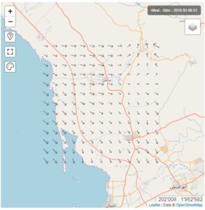 Piattaforma MARS: Mappa dell'intensità e direzione del vento a 50 m sul dominio di interesse