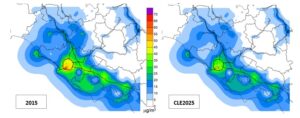 Mappe delle concentrazioni medie annue: scenario tendenziale (CLE2025) a confronto con il riferimento VQA2015 